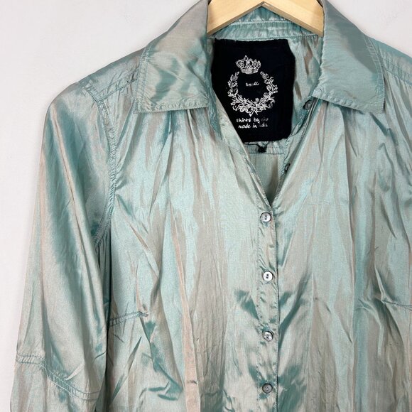 CINO Blue Iridescent Button Down Shirt Top Bell Sleeve Size Small Women's - Picture 2 of 5